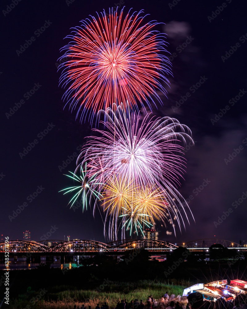Beautiful fireworks at summer night in japan