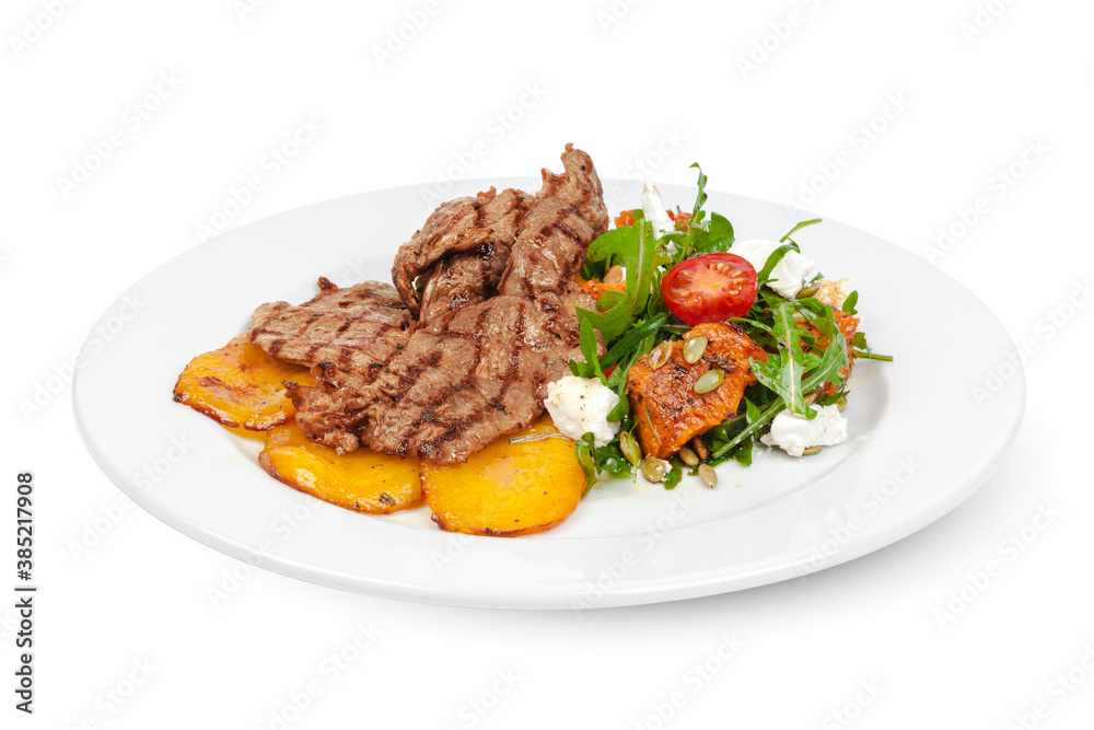 Grilled beef slices with fried potatoes on white background