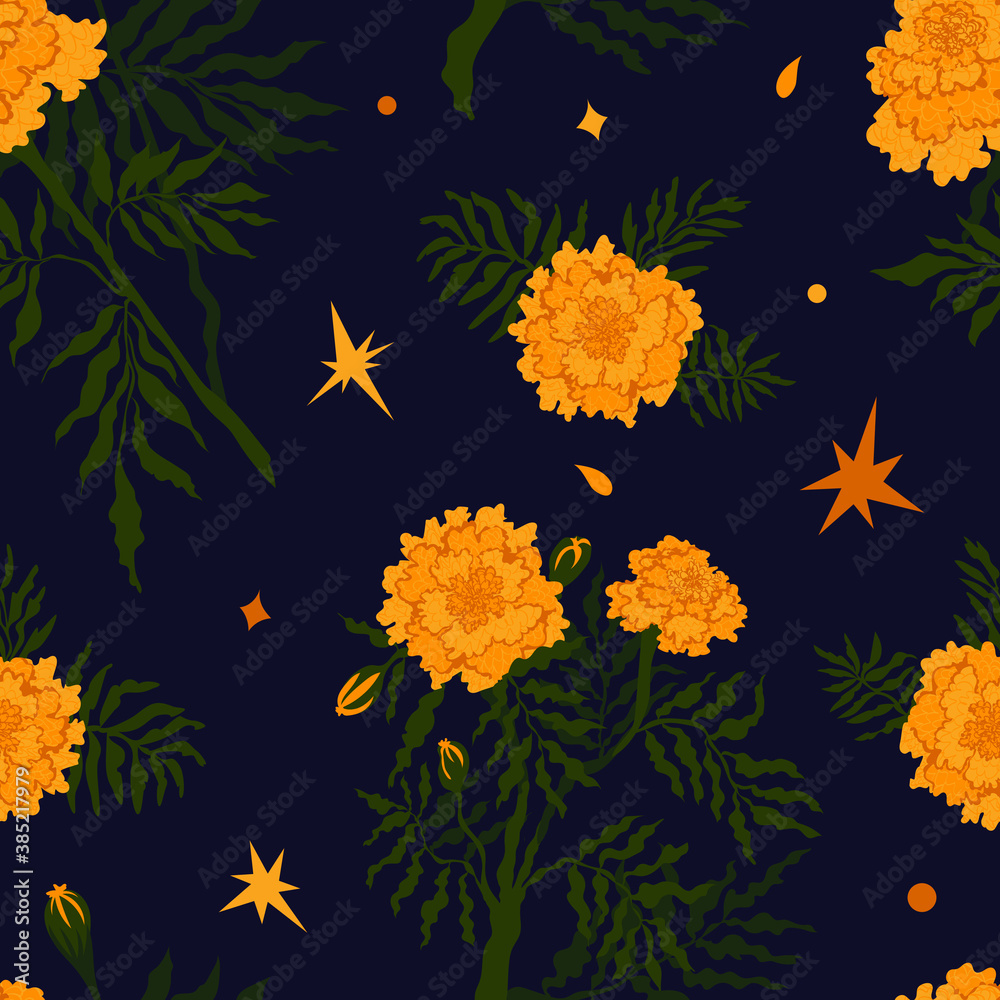 Autumnal celebration floral pattern with bright marigolds and confetti on dark blue background