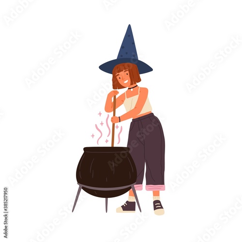 Cute girl in witch hat stirring potion in pot. Female wizard preparing magical potion. Young happy magician with red hair. Flat vector cartoon illustration isolated on white