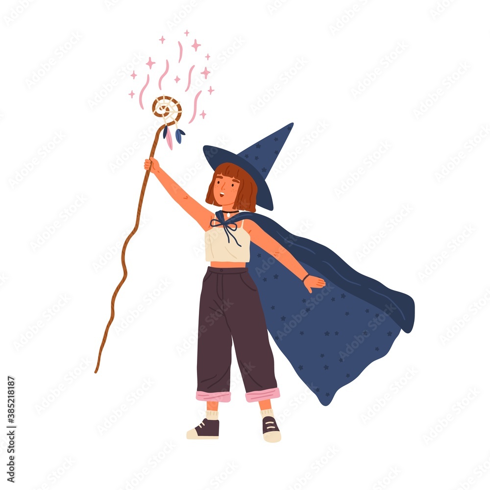 Cute girl wearing witch hat and cloak conjures with magic stick. Young female wizard or sorcerer. Adorable little magician with red hair. Flat vector cartoon illustration isolated on white - obrazy, fototapety, plakaty 