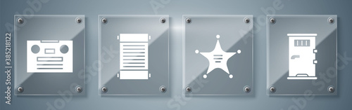 Set Prison cell door, Hexagram sheriff, Decree, paper, parchment, scroll and Retro audio cassette tape. Square glass panels. Vector.