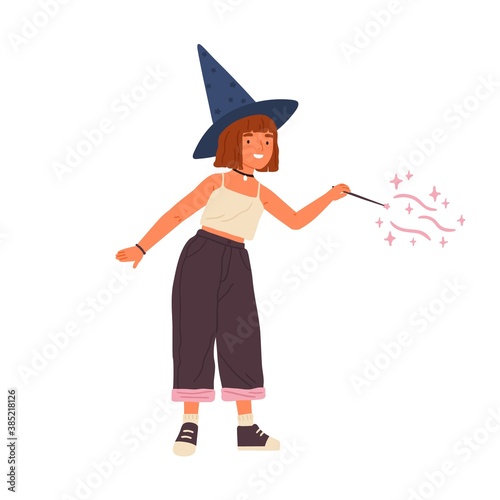 Cute girl wearing witch hat conjuring with magic wand. Portrait of young female wizard or sorcerer. Adorable child magician with red hair. Flat vector cartoon illustration isolated on white