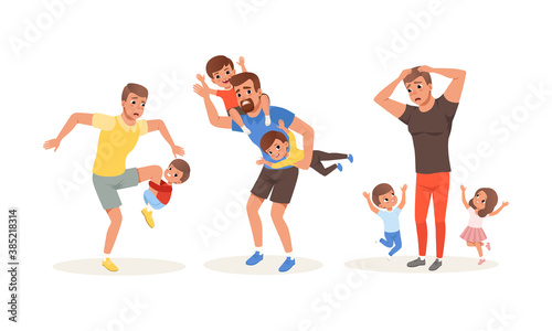 Exhausted Dad and Hyperactive Child Claiming Attention Vector Illustration Set