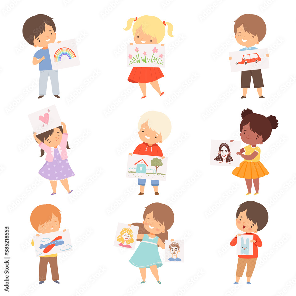 Artistic Children Showing Paper with Different Pictures Vector Set Artistic Children Showing Paper with Different Pictures Vector Set