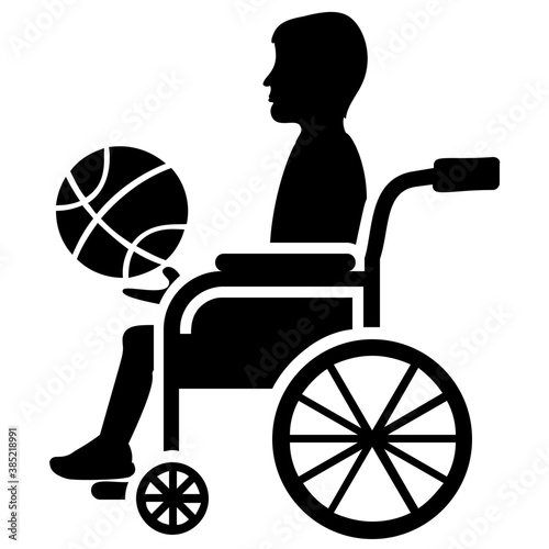 
A disabled basketball player sitting on wheelchair and holding basketball denoting icon for wheelchair basketball
