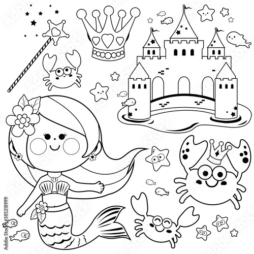 Cute mermaid and fish underwater collection. Vector black and white coloring page