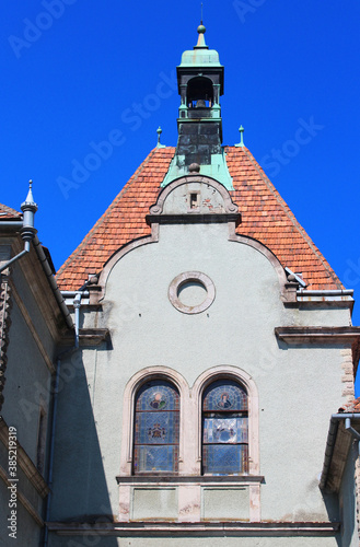 Close up view on part of Schonborn Palace in Chynadiyovo (in the past - Beregvar) Village, Carpathians, Ukraine. It is the former residence and hunting lodge of the Counts Schonborn, now sanatorium. photo