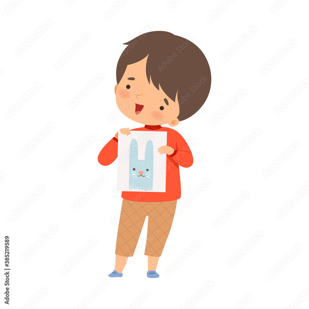 Little Boy Showing Paper with Pictured Hare Vector Illustration Little Boy Showing Paper with Pictured Hare Vector Illustration