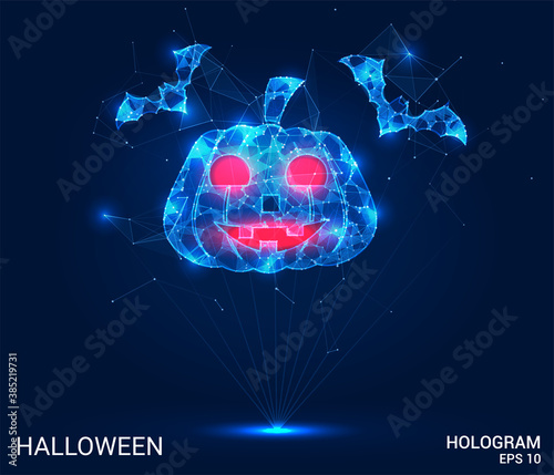 Halloween hologram. Pumpkin of polygons, triangles of points and lines. Halloween pumpkin low poly compound structure. The technology concept.