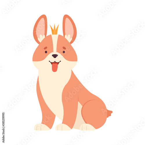 Welsh Corgi with Crown on Its Head in Sitting Pose Vector Illustration