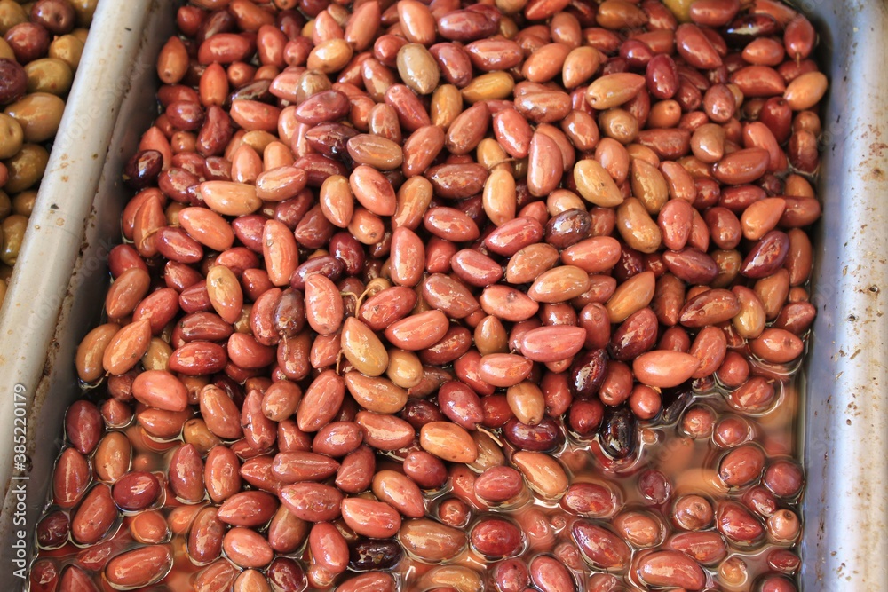 Stall with Kalamata or Kalamon olives at street market in Athens, Greece. Stall with Kalamata or Kalamon olives at street market in Athens, Greece.