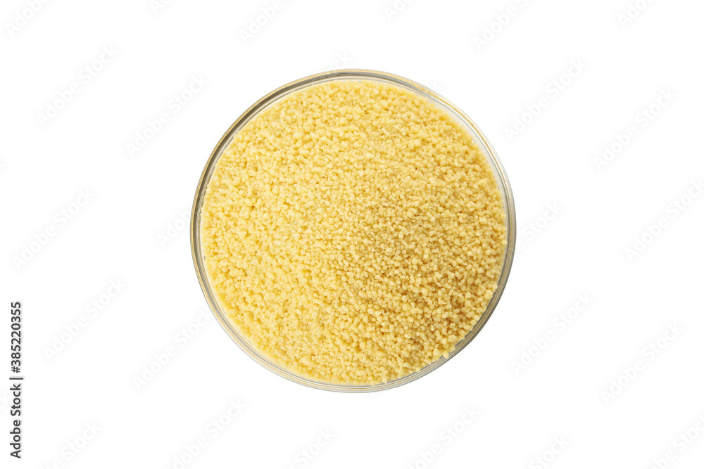 Bowl with raw couscous isolated on white background Bowl with raw couscous isolated on white background
