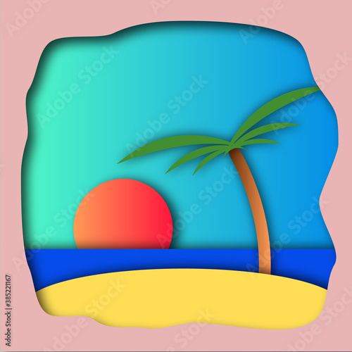Tropical landscape for banner or post on instagram, tourism, travel. Cut paper effect. Sea, beach, sun, sunset, palm, sky, summer, pink frame. Illustration.