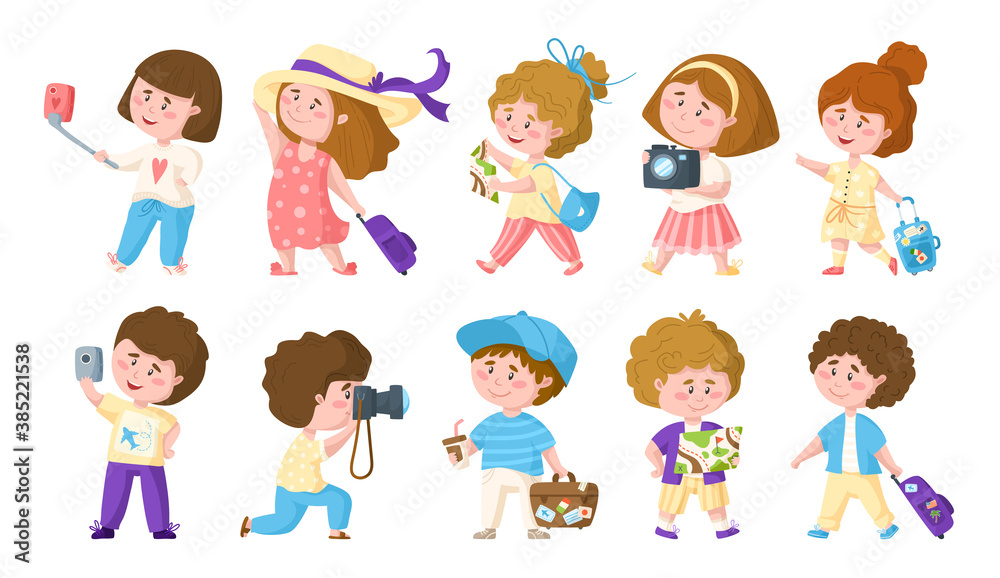 Traveling cartoon cute boys and girls, kids travel or vacation clipart bundle, characters with trip suitcase, camera, mobile phone, map, sun hat, coffee - isolated elements on white background vector