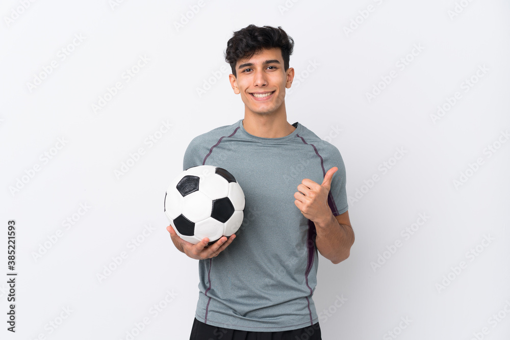 Argentinian football player man over isolated white background with thumbs up because something good has happened