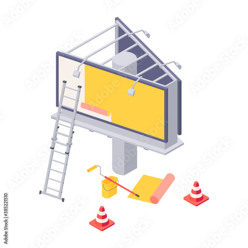 Billboard installation isometric vector illustration - process of sticking advertising on big city ooh banner.