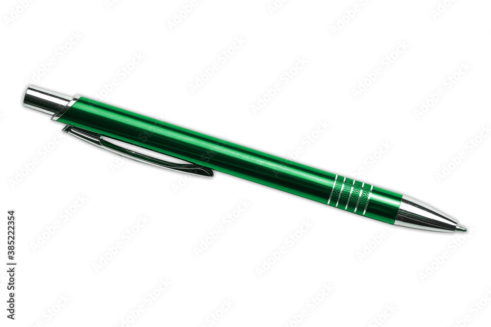 Green metal pen isolated on white. Single object cutout. Office utilities background. Green metal pen isolated on white. Single object cutout. Office utilities background.
