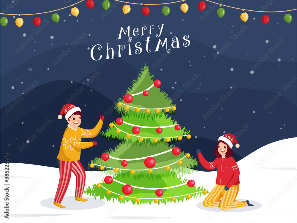 Cheerful Boy and Girl Wearing Woolen Clothes with Decorative Xmas Tree on Snowfall Background for Merry Christmas Celebration.