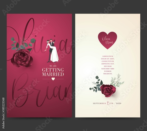 Wedding invitation design. Drawing bride and groom character, illustration, vector. Celebration, event, invitation, wedding dress, groom, romantic, pastel tones, rose. Bridal flower bouquet, leave.