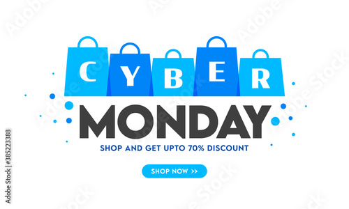 Cyber Monday Sale Poster Design with 70% Discount Offer and Blue Shopping Bags on White Background.