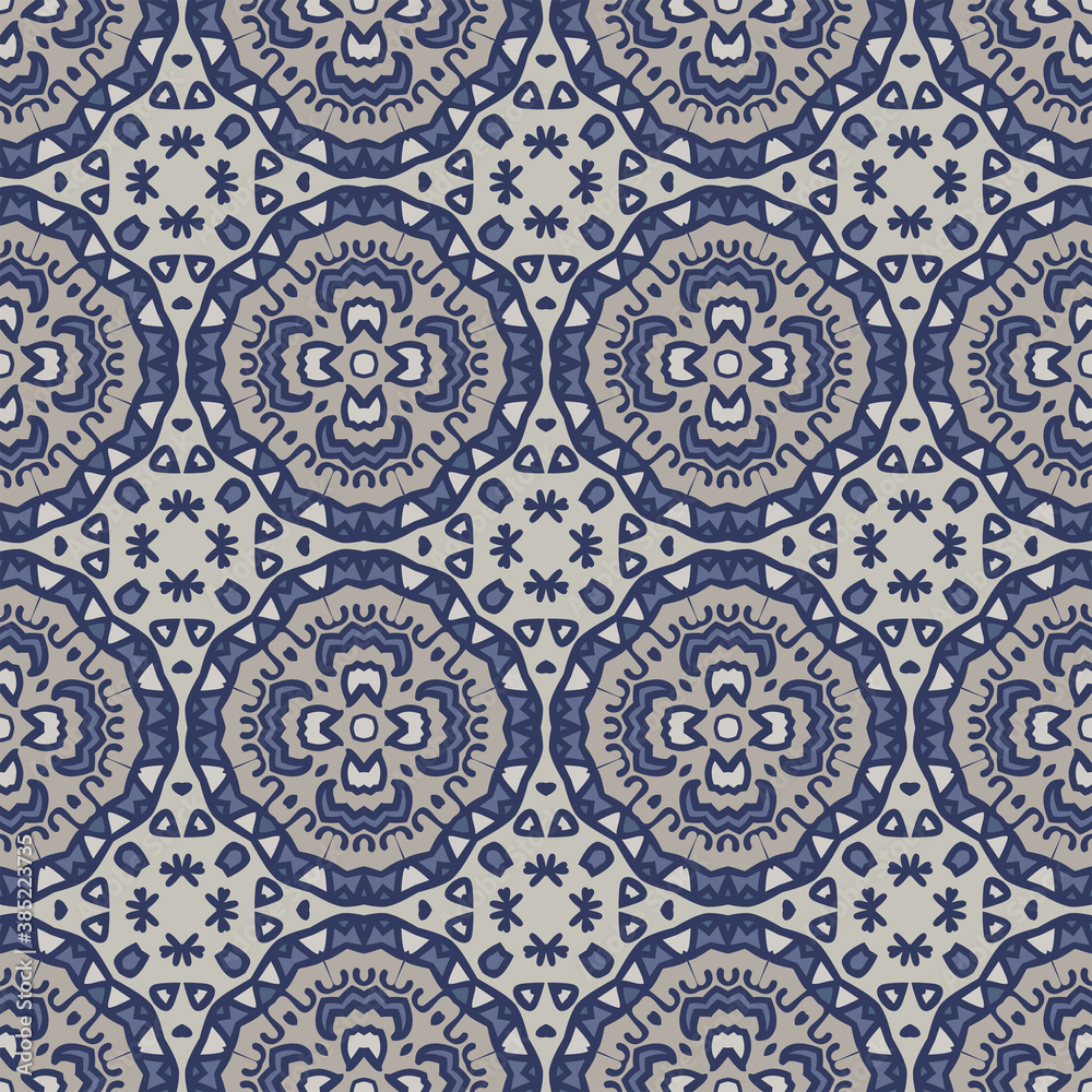 Creative color abstract geometric mandala pattern in white gray blue, vector seamless, can be used for printing onto fabric, interior, design, textile, pillow, tiles, carpet.