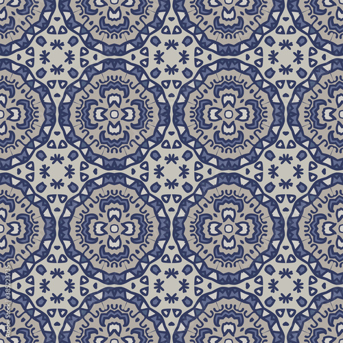 Creative color abstract geometric mandala pattern in white gray blue, vector seamless, can be used for printing onto fabric, interior, design, textile, pillow, tiles, carpet.