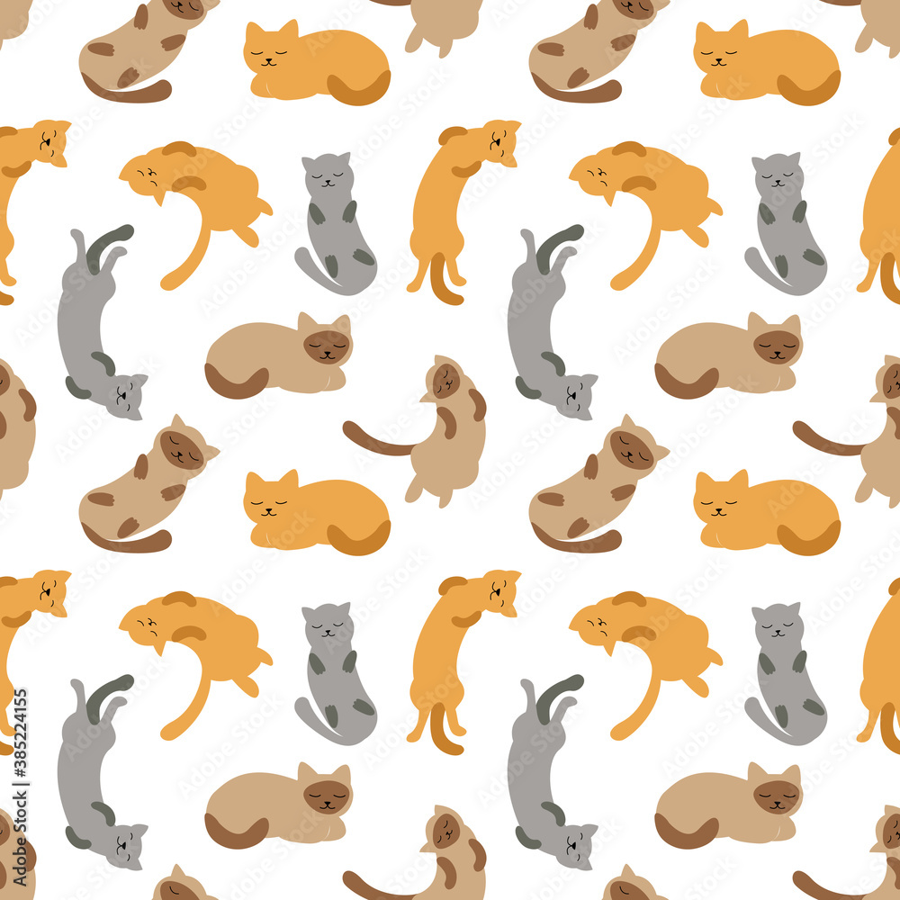 Seamless pattern sleeping cats of different breeds vector illustration