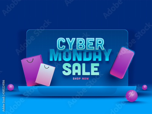 Cyber Monday Sale Poster Design with Laptop, Smartphone, Shopping Bags and Balls on Glossy Blue Background.