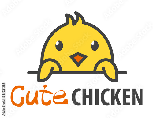 Logo template with cute curious little yellow chicken. Vector logo design template for farm, veterinary clinics, etc. Cartoon animal logo illustration.