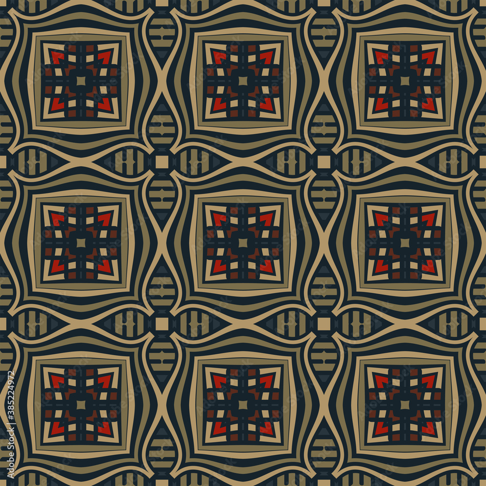 Creative color abstract geometric pattern in gold red blue, vector seamless, can be used for printing onto fabric, interior, design, textile, pillow, tiles, carpet.