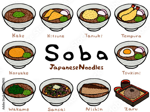 Soba Set:Hand drawn vector illustration like woodblock print