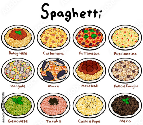 Spaghetti Set:Hand drawn vector illustration like woodblock print