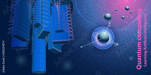 Quantum computer. Abstract tech background concept with qubit. Learning artificial intelligence element. Cryptography infographic banner. Big data.