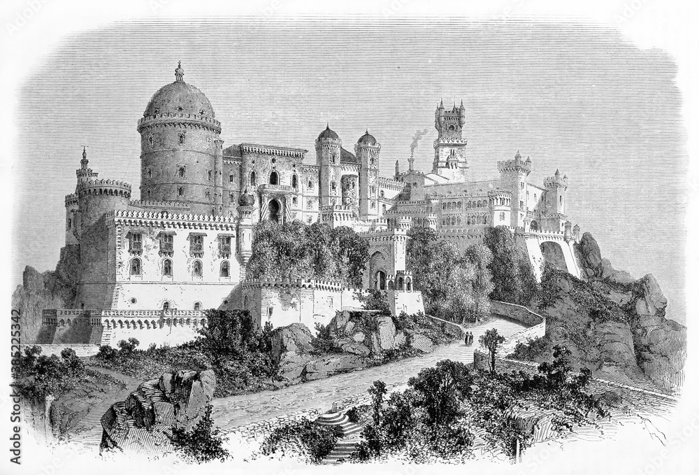 Large overall detailed view of Pena National Palace with its complex architecture and towers, Sintra, Portugal. Created by Therond, published on Le Tour du Monde, Paris, 1861