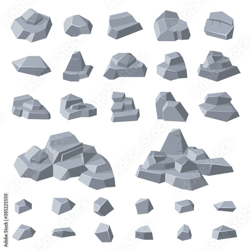Granite rocks. Stone gravel rock, geology mountain pebble, grey pile of rocks, mountainous stone heap isolated vector illustration icons set. Natural block shapes for building, geology