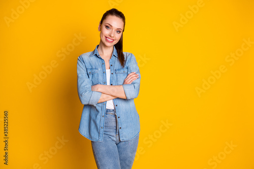 Photo of attractive pretty girl cross hands enjoy decide work decision choice wear good look outfit isolated over vivid color background © deagreez