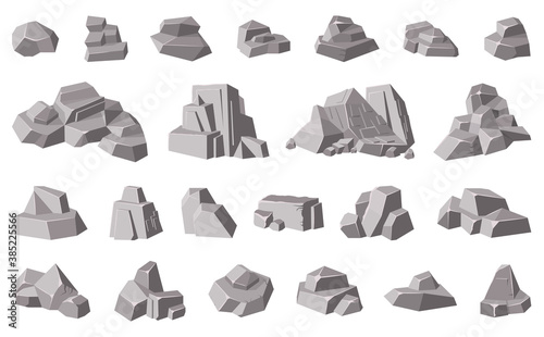 Rocks and stones. Granite mountain pebble, grey stone heap, stone gravel rock isolated vector illustration icons set. Different boulders for wall and mountain, game concept. Huge blocks