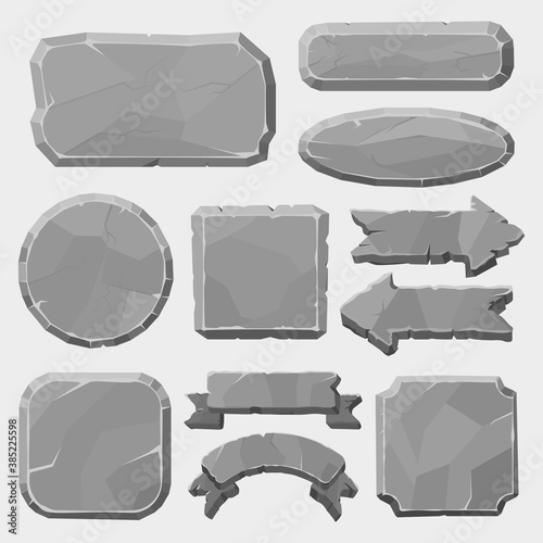 Stone game boards. Granite rocks buttons, grey stone banner, arrows and panels, stone ui elements for game design vector illustration symbols set. Interface buttons for application