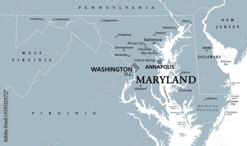 Maryland, MD, gray political map. State in Mid-Atlantic region of United States of America. Capital Annapolis. Old Line State. Free State. Little America. America in Miniature. Illustration. Vector.