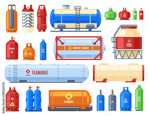 Dangerous gas containers. Gas steel cylinder and tank, butane, oxygen or helium metal containers, flammable gas cylinders vector illustration set. Warning sign on safe equipment for storage