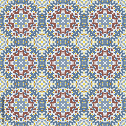 Creative color abstract geometric mandala pattern in white blue brown yellow, vector seamless, can be used for printing onto fabric, interior, design, textile, pillow, tiles, carpet.