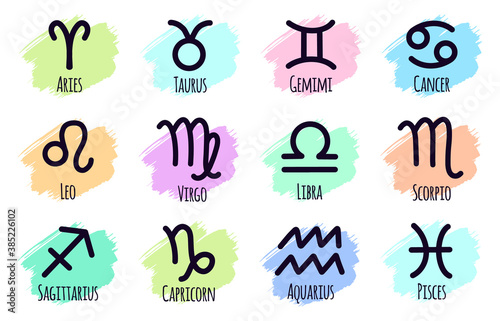 Zodiac horoscope signs. Astrological calendar sign, zodiac star constellation symbols, hand drawn horoscope elements vector illustration set. Aries, taurus, leo and gemini, virgo, scorpio and libra,
