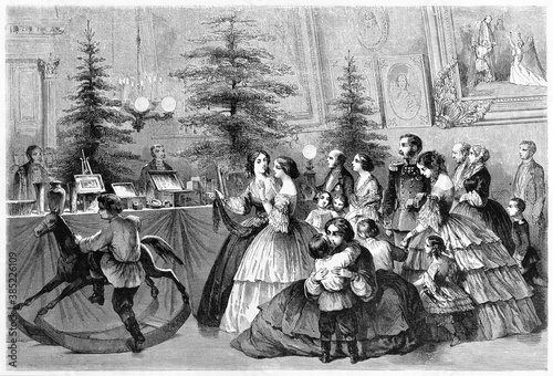 Elegant and rich russian family looking for Christmas gift indoor in a prestigious shop. Ancient grey tone etching style art by Lancelot, published on Le Tour du Monde, Paris, 1861