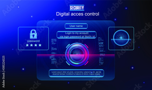 User interface for account access. Login via password or touch ID. Authentication interface for entering your personal account. Security code. Personal data protection