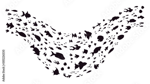 Underwater fish schools. Groups of sea fishes, fish schools shoal wave, swimming little fishes silhouettes, fish colony vector illustration. Black small characters on white, marine life