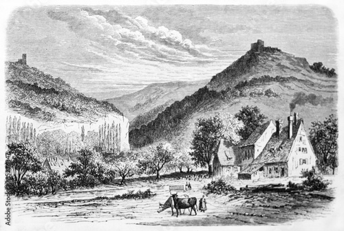 Typical old french countryside house alone in the Saverne nature, France. Ancient grey tone etching style art by Lancelot, published on Le Tour du Monde, Paris, 1861
