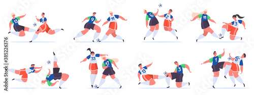 Football players. Soccer sportsmen characters struggle  fighting for ball  soccer overtaking  trick and attack vector illustration set. Man and woman competing in sport championship