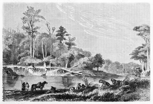 Two front opposite shores of Sedger river in jungle context, Chile. Ancient grey tone etching style art by De B�rard, published on Le Tour du Monde, Paris, 1861 photo