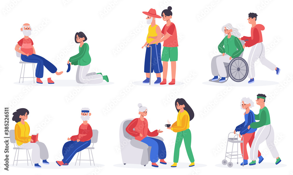 Elderly people caring. Volunteers, social workers or relatives helps elderly people, nurse caring seniors people isolated vector illustration set. Disabled woman in wheelchair, girl giving coffee